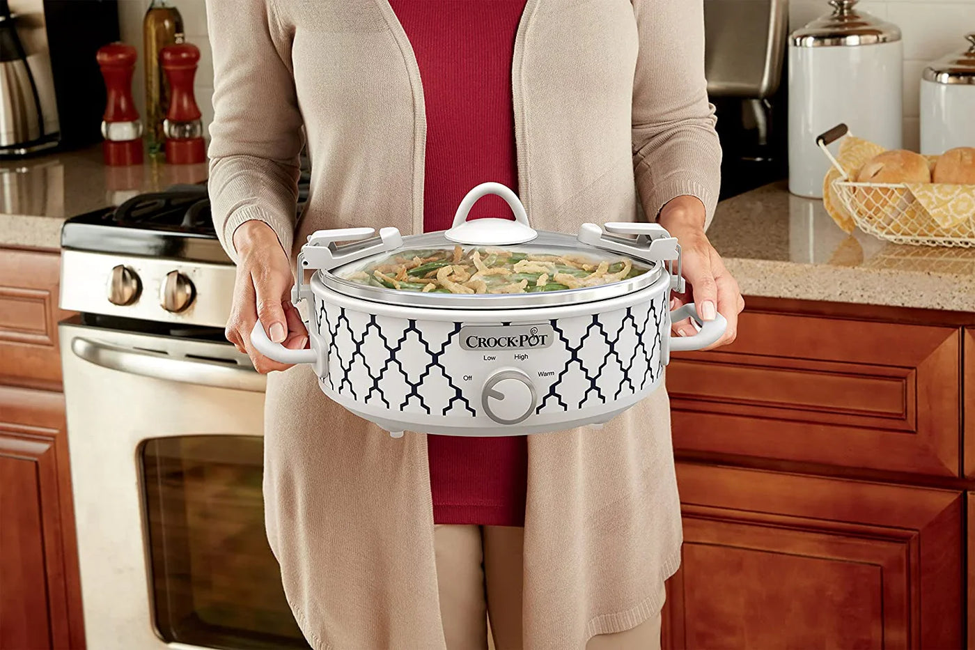 Small 2.5 Quart Casserole Slow Cooker in White/Blue, Enjoy Eye-Catching Quick Meals, Durable and Compact