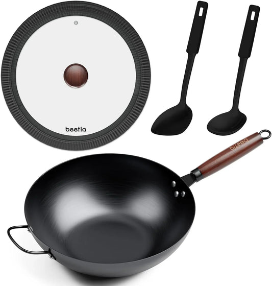 Steel Wok Pan, 11.8-Inch/12.6-Inch/13.4-Inch Stir Fry Pans Chinese Wok Flat Bottom Iron Wok for Induction, Electric, Gas, Halogen All Stoves Ideal for Stovetop Cooking (13.4-Inch)