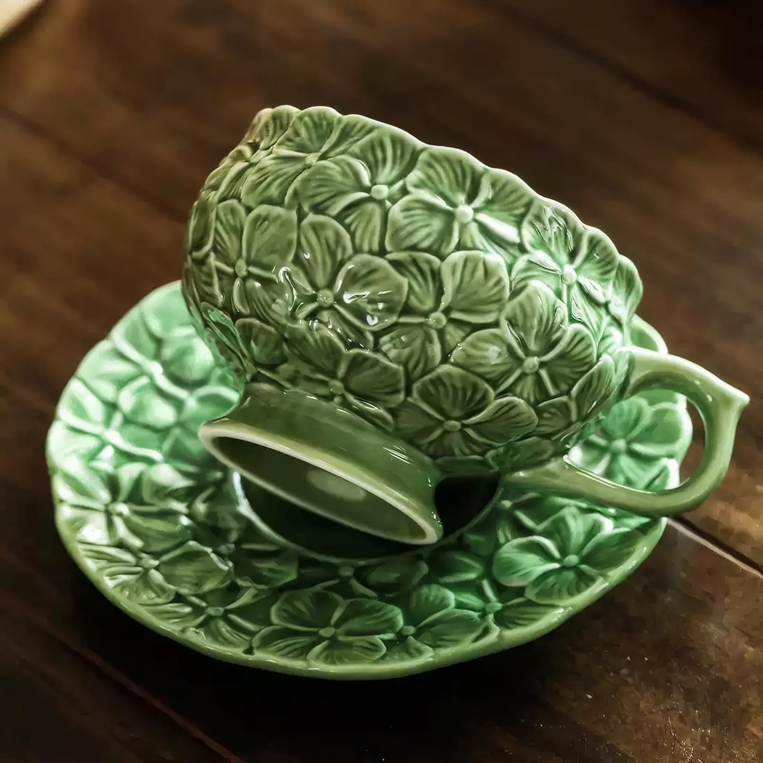 Tea Cups and Saucers Set of 2, Porcelain Coffee Cups, 8.5-Ounce Stackable Espresso Mugs, Ceramic Demitasse for Coffee, Latte, Americano, Tea, Green Flower