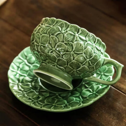 Tea Cups and Saucers Set of 2, Porcelain Coffee Cups, 8.5-Ounce Stackable Espresso Mugs, Ceramic Demitasse for Coffee, Latte, Americano, Tea, Green Flower