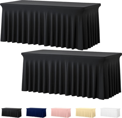 2 Pack Black Spandex Table Covers 6 Foot, Fitted Stretch Tableclothes 30X72 Inch, Wrinkle Free 6FT Fitted Table Clothes with Skirt for Party, Banquet, Wedding and Events