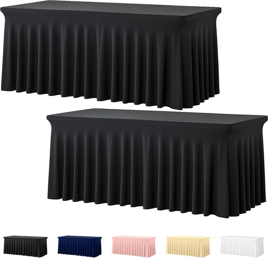 2 Pack Black Spandex Table Covers 6 Foot, Fitted Stretch Tableclothes 30X72 Inch, Wrinkle Free 6FT Fitted Table Clothes with Skirt for Party, Banquet, Wedding and Events