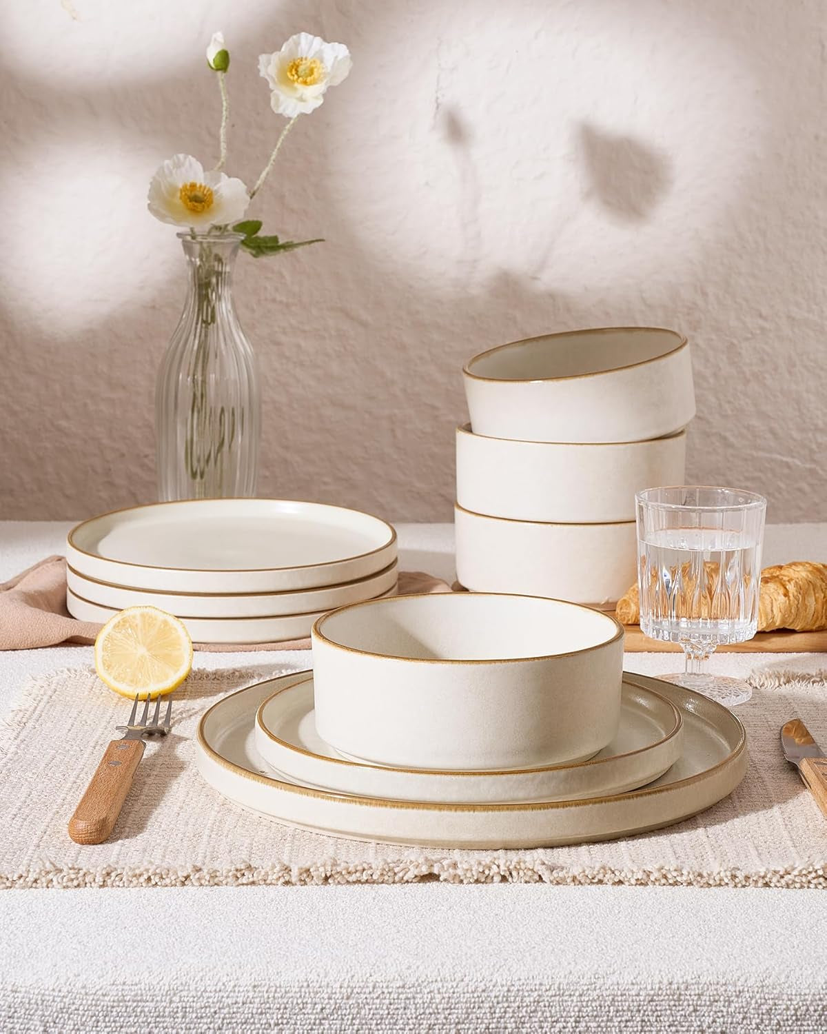Nebula Plates and Bowls Sets, 12 Pieces Stoneware Dinnerware Sets, Reactive Glaze Dish Set, Dishes Set for 4, Matte Beige White with Brown Rim