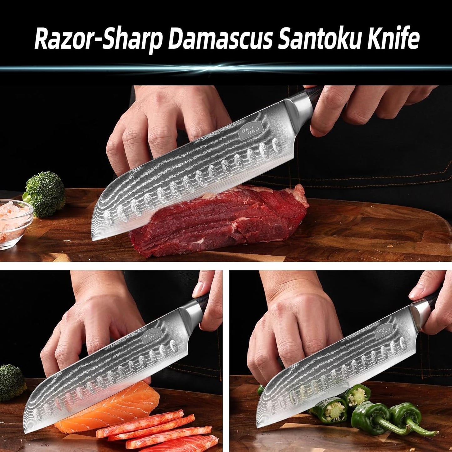 Damascus Santoku Knife, 7- Inch Kitchen Knives with 9Cr18Mov Steel Core, Japanese Kitchen Knife Cooking Meat Cleaver with Durable Wood Handle, Sharp Santoku Chef Knife for Home Use with Gift Box