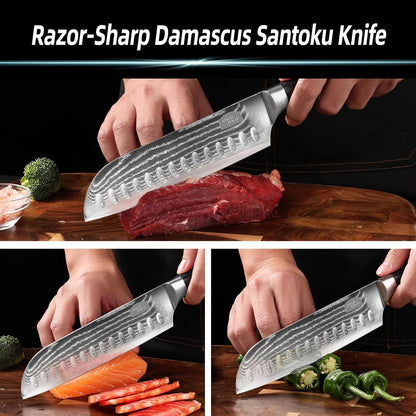 Damascus Santoku Knife, 7- Inch Kitchen Knives with 9Cr18Mov Steel Core, Japanese Kitchen Knife Cooking Meat Cleaver with Durable Wood Handle, Sharp Santoku Chef Knife for Home Use with Gift Box