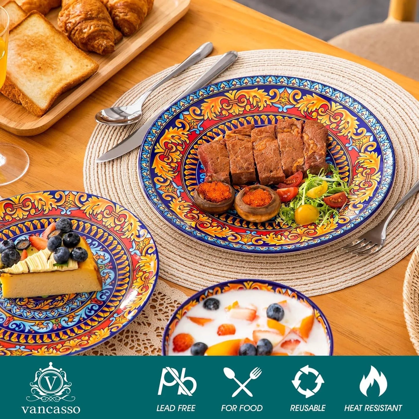 Plates and Bowls Sets,12-Piece Porcelain Dinnerware Set Service for 4, Bohemian Style Dishes Set for 4, Kitchen Dinner Set, Microwave and Dishwasher Safe, Scratch Resistant, Series KRVI