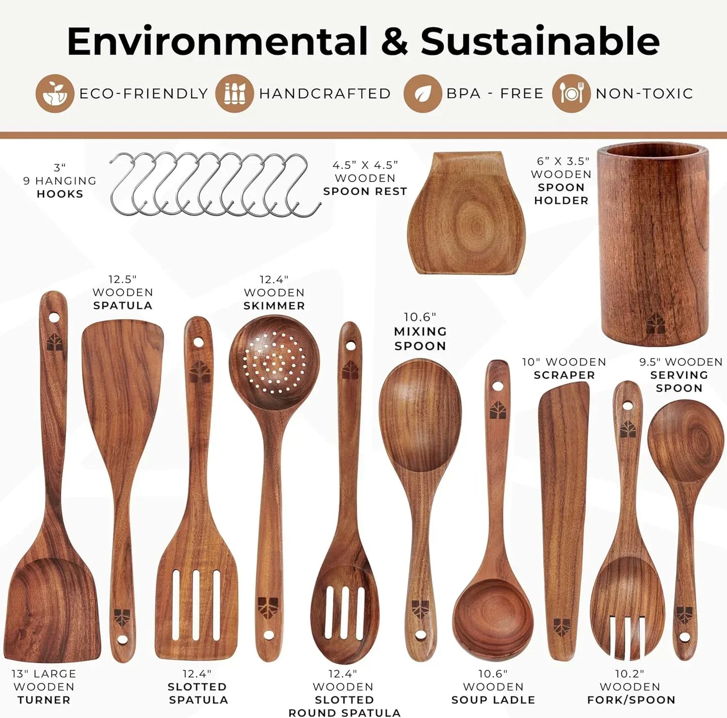 Eco-friendly wooden kitchen utensils set with spatulas, spoons, and scrapers for sustainable cooking