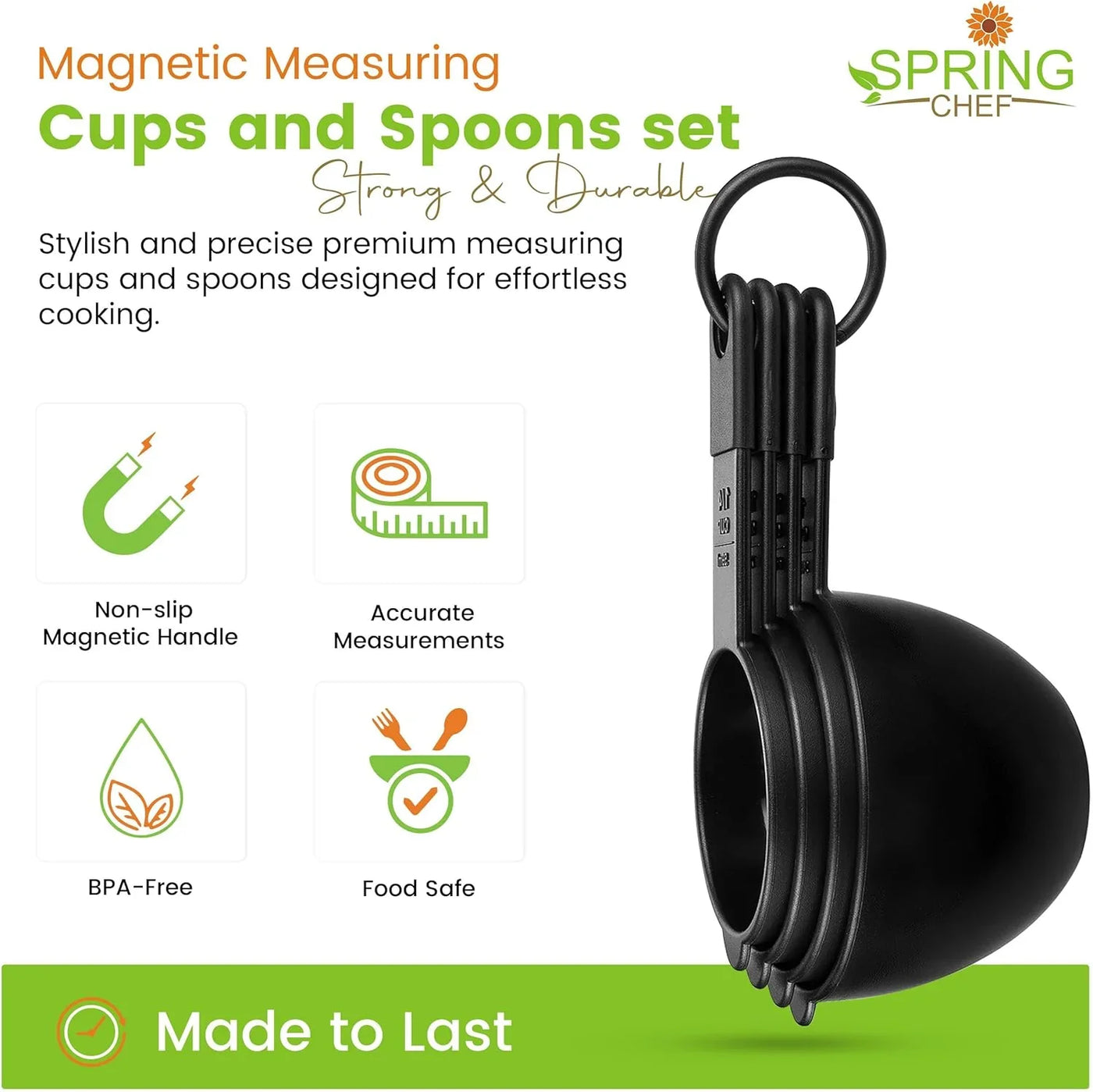 Magnetic Measuring Cups and Spoons Set of 9, Nesting Kitchen Tool with Easy to Read Markings for Measuring Dry or Liquid Ingredient, BPA Free, Black