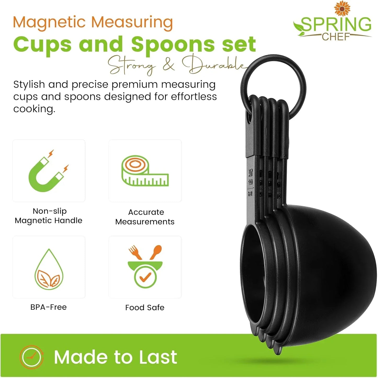 Magnetic Measuring Cups and Spoons Set of 9, Nesting Kitchen Tool with Easy to Read Markings for Measuring Dry or Liquid Ingredient, BPA Free, Black
