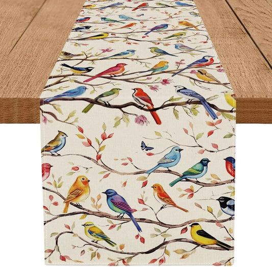 Spring Table Runner Colorful Birds Branches Seasonal Home Party Kitchen Dining Table Decoration 13X72 Inch