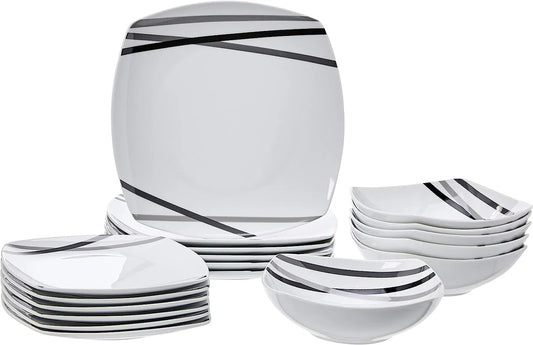 18 Piece Kitchen Dinnerware Set, Dishwasher and Microwave Safe, Square Plates, Bowls, Service for 6, Modern Beams
