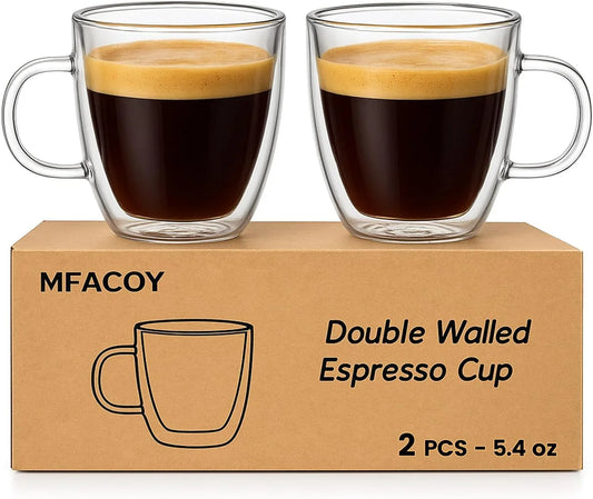 Glass Double Wall Insulated Espresso Cups (Set of 2), 5.4 Oz Shots Cup with Handle, Insulated Glasses Mugs, Small Coffee Cups, Shot Glass