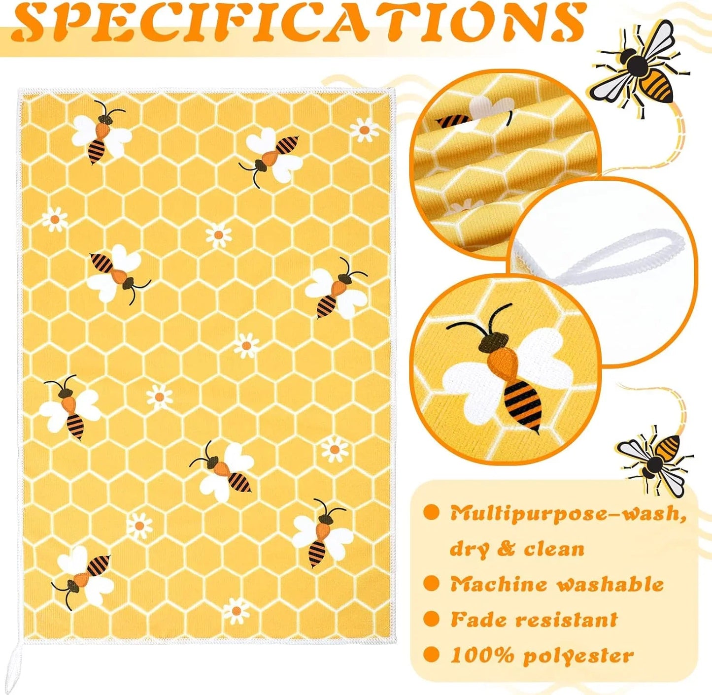 4 Pcs Bee Kitchen Tea Towel Honey Bee Dish Towels Honeycomb Bath Washcloth Hand Polyester Absorbent Cloths Accessories for Kitchen Decor, 16 X 24 Inch(Black Yellow,Honeycomb)