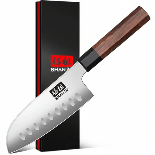 5 Inch Santoku Knife for Small Hands, Japanese High Carbon Steel Kitchen Knife, Multi-Function Mini Size Sharp Chef Knives with Ergonomic Red Sandalwood Handle, Sashimi Knives