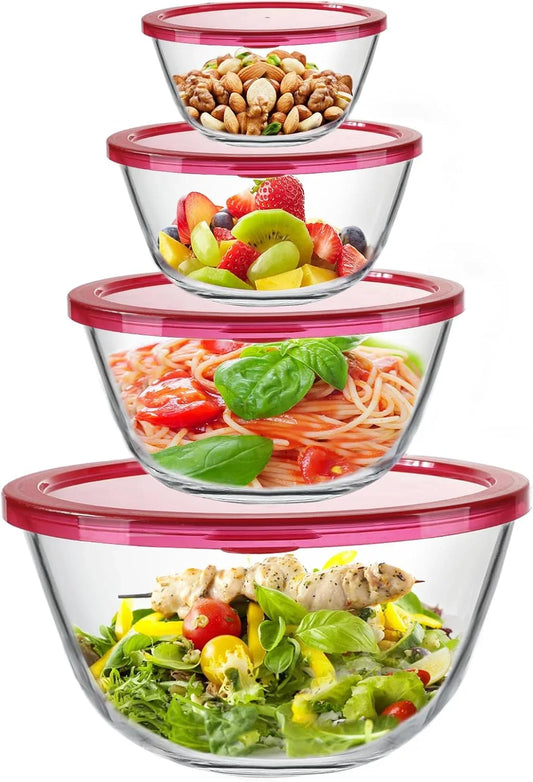 4 Pack Glass Mixing Bowls Set with Lids (4.8QT, 2.9QT, 1.7QT, 0.8QT), Glass Nesting Bowls for Kitchen Baking, Cooking and Serving, Oven, Dishwasher, Freezer, and Microwave Safe