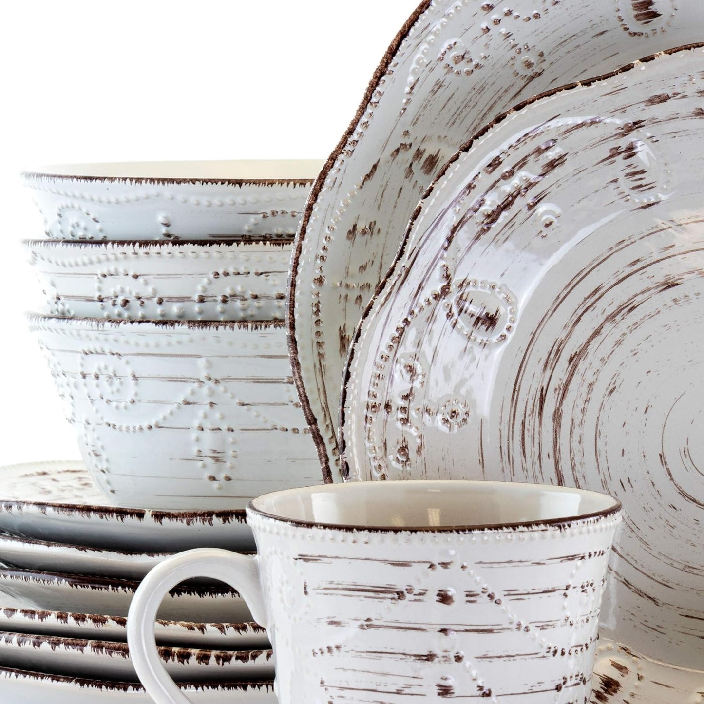 Rustic Birch 16 Piece Embossed Scalloped Stoneware round Dinnerware Set in White with Brown Accents