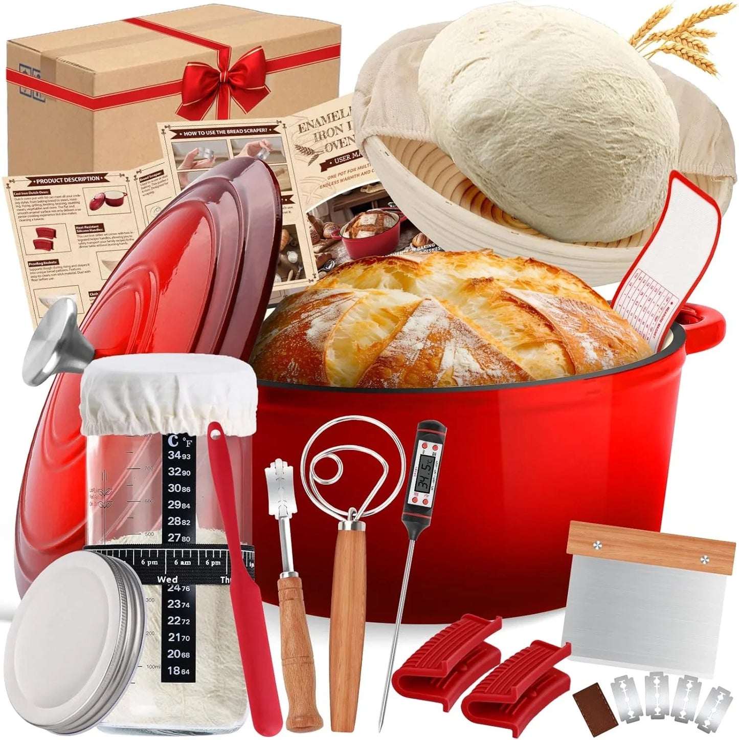 Complete sourdough bread baking kit with red Dutch oven, proofing basket, tools, and accessories.