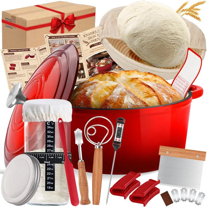 Complete sourdough bread baking kit with red Dutch oven, proofing basket, tools, and accessories.