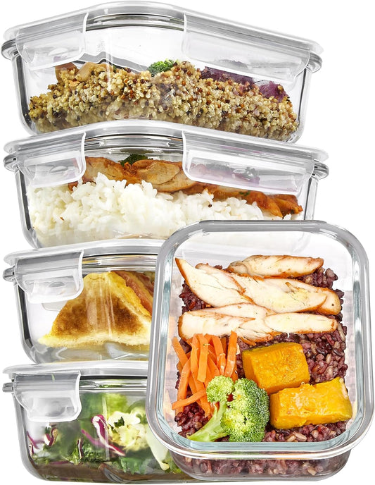 5Pack 22Oz Glass Storage Containers with Lids, Glass Meal Prep Food Container Sets with Snap Airtight Lids for Microwave, Oven, Freezer and Dishwasher, Grey