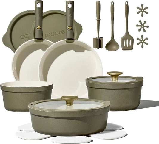 21Pcs Ceramic Cookware Set with Detachable Handles, Pots and Pans Set Non Stick, RV Kitchen Cooking Pot and Pan, Dishwasher Safe, Non-Toxic Induction Cookware PFAS and PFOA Free, Olive Green