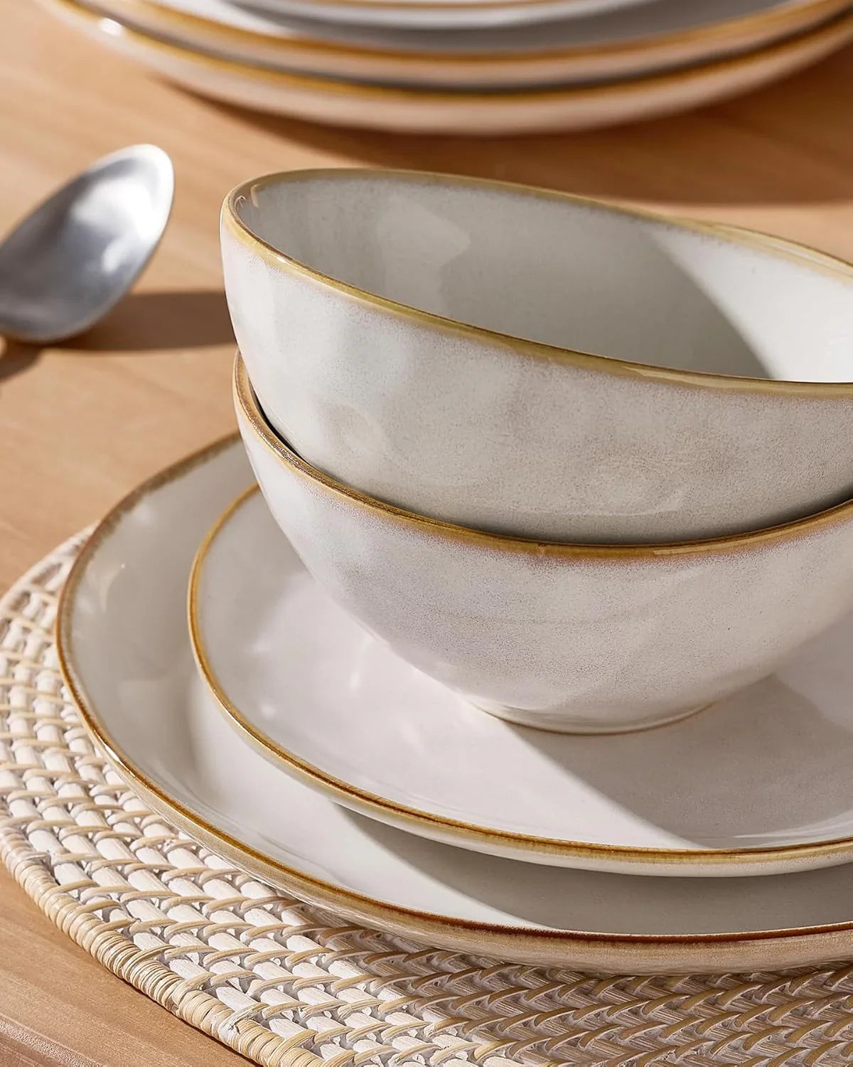Dinnerware Sets for 4, Ocean round 12-Piece Kitchen Plates and Bowls Sets, Reactive Glaze, Microwave and Dishwasher Safe, Scratch Resistant, Cappuccino White