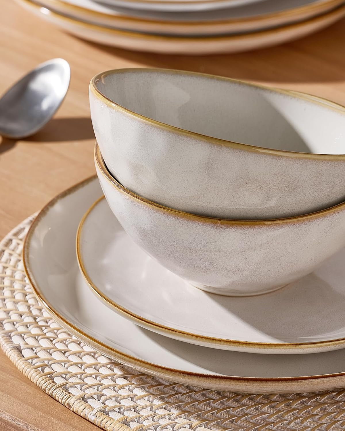 Dinnerware Sets for 4, Ocean round 12-Piece Kitchen Plates and Bowls Sets, Reactive Glaze, Microwave and Dishwasher Safe, Scratch Resistant, Cappuccino White