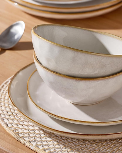 Dinnerware Sets for 4, Ocean round 12-Piece Kitchen Plates and Bowls Sets, Reactive Glaze, Microwave and Dishwasher Safe, Scratch Resistant, Cappuccino White
