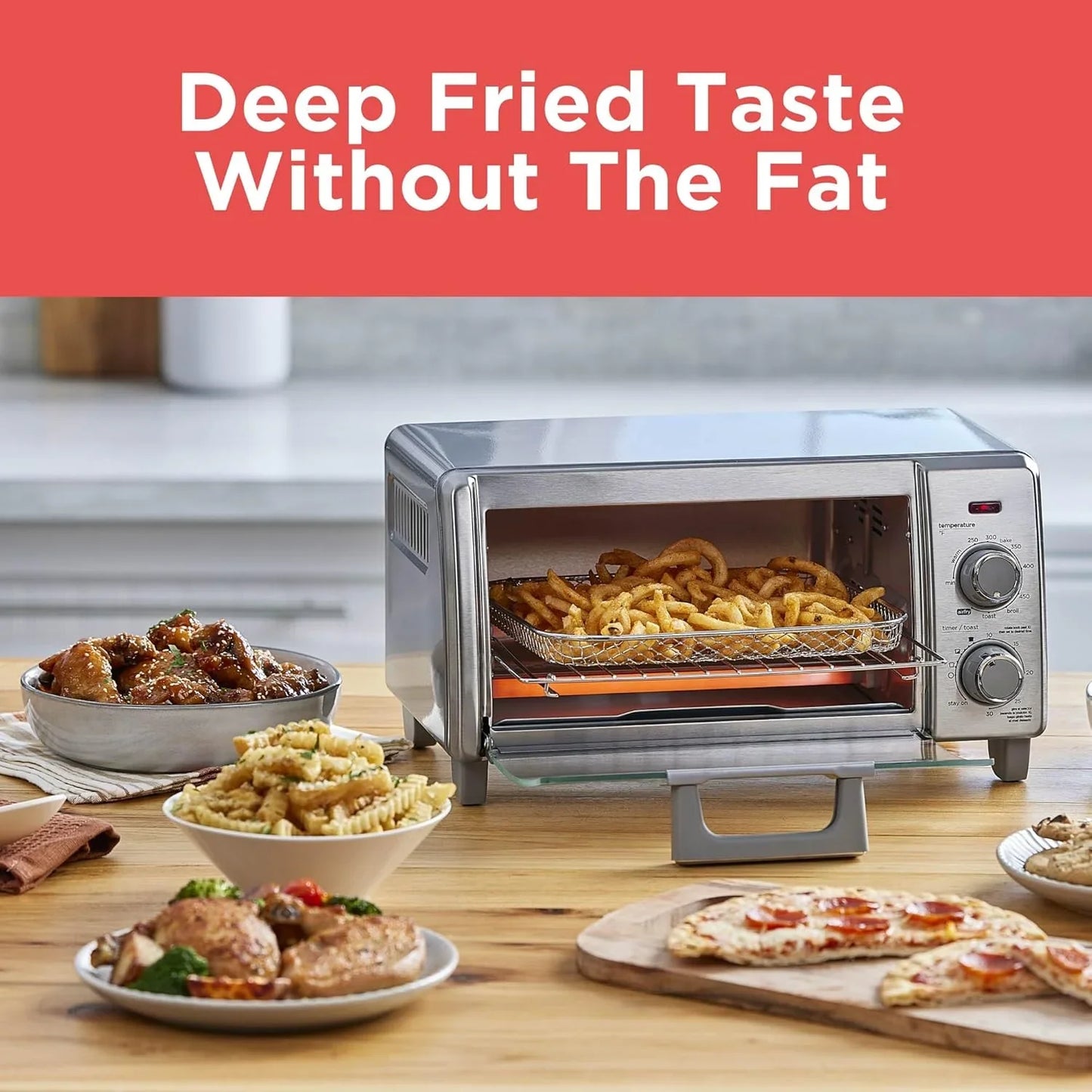 Crisp 'N Bake Air Fry Countertop Convection Toaster Oven, Medium Capacity, 4-Slice, 5-In-1, Fits 9” Pizza, 30-Min Timer, Bake, Broil, Air Fry, Toast, Keep Warm, Stainless Steel
