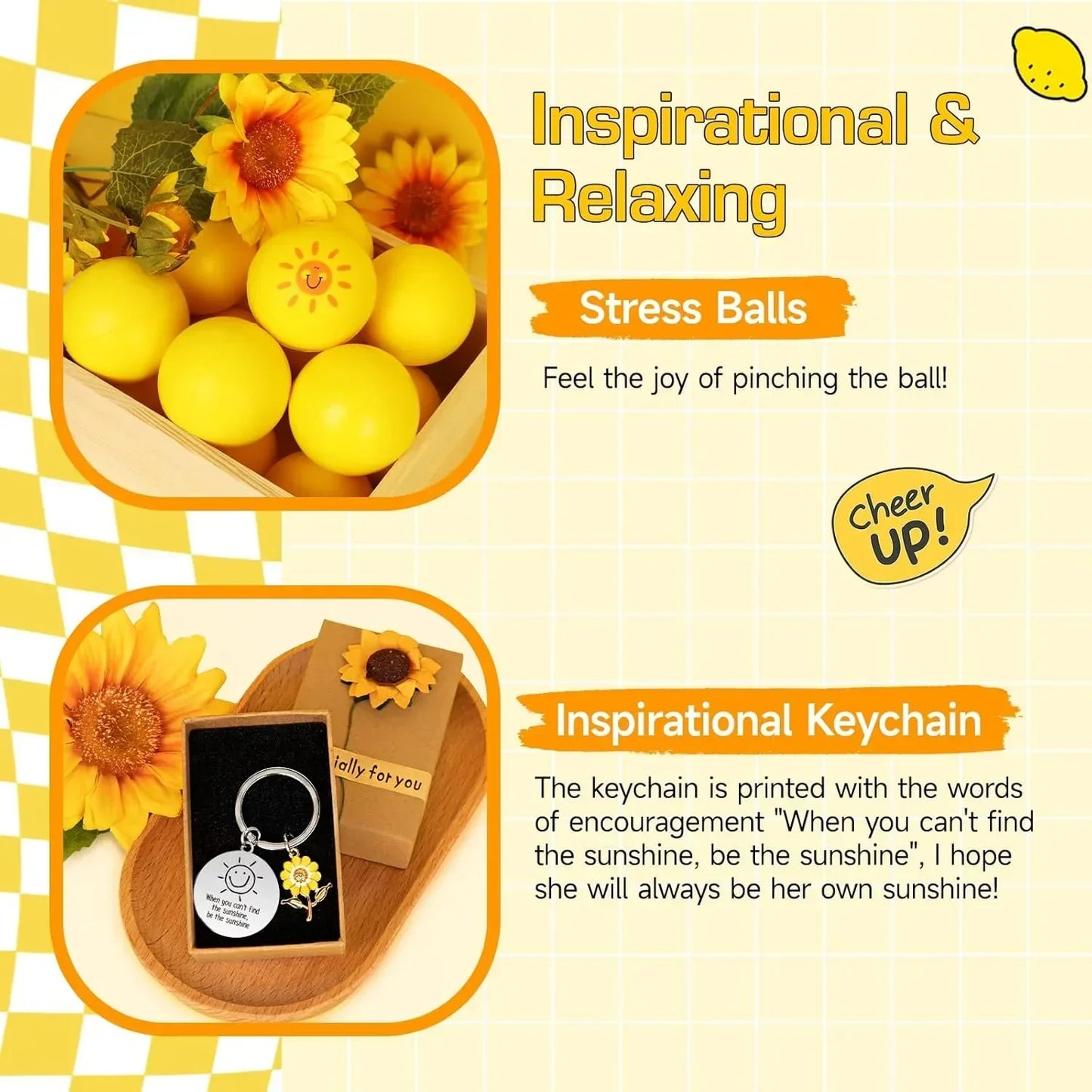 Yellow stress balls with sunflower design and inspirational keychain with sunshine quote, perfect for relaxation and encouragement.
