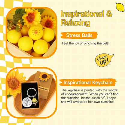 Yellow stress balls with sunflower design and inspirational keychain with sunshine quote, perfect for relaxation and encouragement.