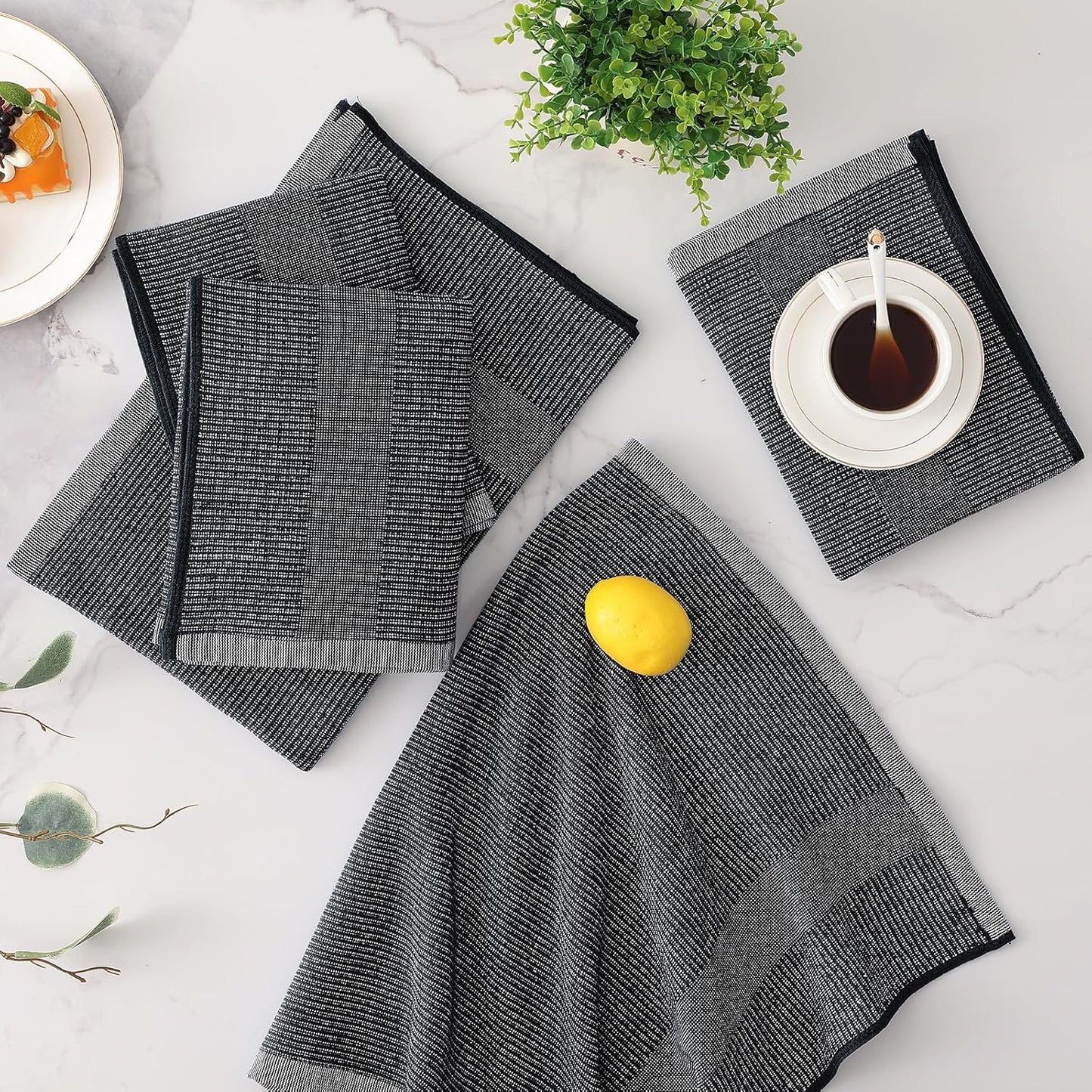 Premium Kitchen Towels 6 Pack (18 X 28 Inches, Black), Large Cotton Kitchen Hand Towel, Flat & Terry Dish Towels for Drying Dishes, Super Absorbent Tea Dishtowels Set with Hanging Loop
