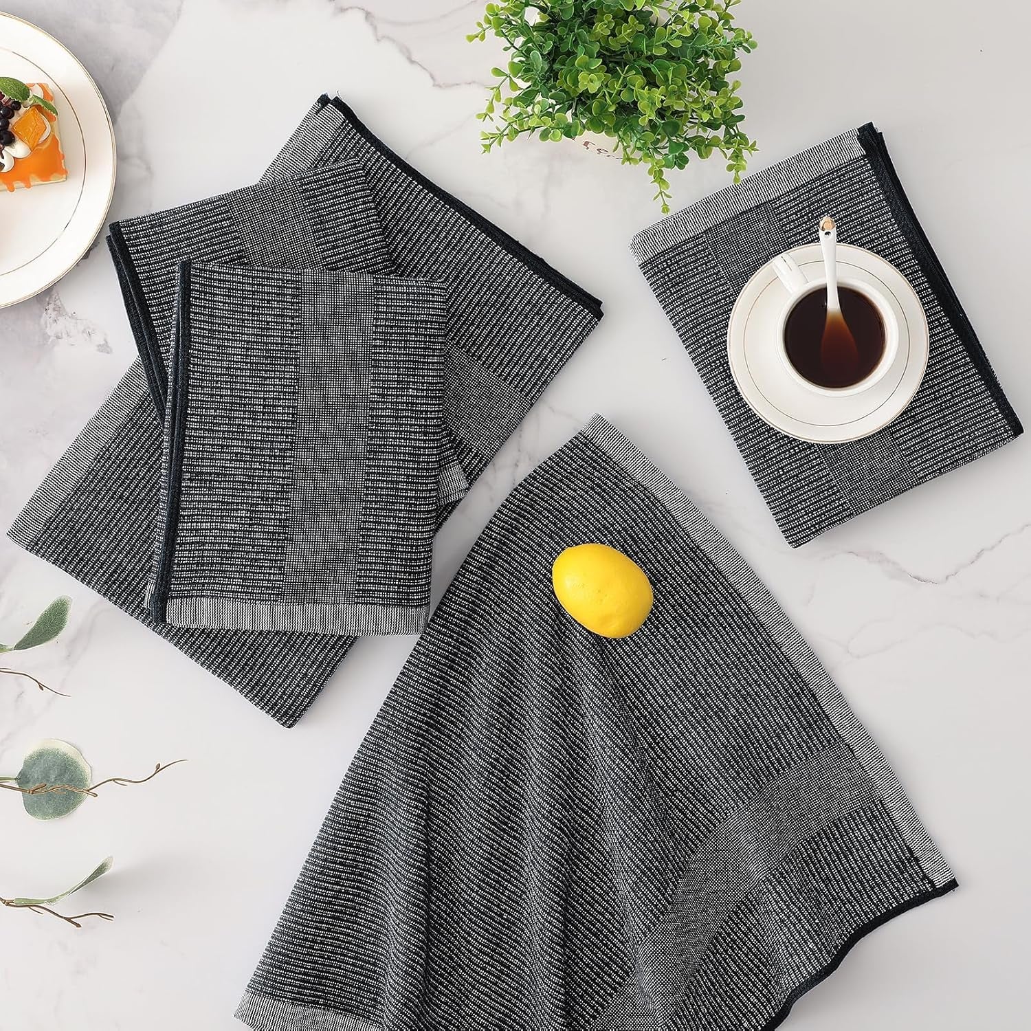 Premium Kitchen Towels 6 Pack (18 X 28 Inches, Black), Large Cotton Kitchen Hand Towel, Flat & Terry Dish Towels for Drying Dishes, Super Absorbent Tea Dishtowels Set with Hanging Loop
