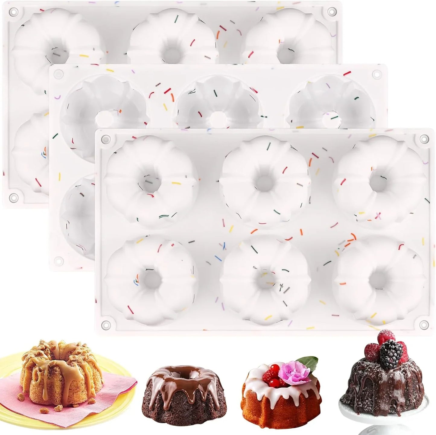 3 Pcs Mini Fluted Cake Pan, 6-Cavity Fluted Tube Cake Pan, Non-Stick Silicone Baking Mold for Cupcakes, Donuts, Muffins, Cornbread, Brownies, Jellies