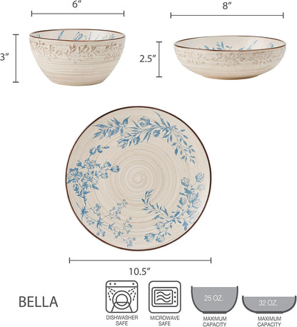 Bella 12 Piece Dinnerware Set, Service for 4, Multicolor