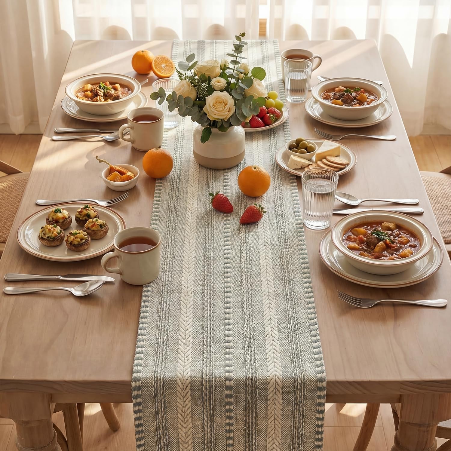 Dark Grey Farmhouse Woven Table Runner, Seasonal Holiday Rustic Kitchen Dining Table Decoration for Home Party Decor 12X72 Inch