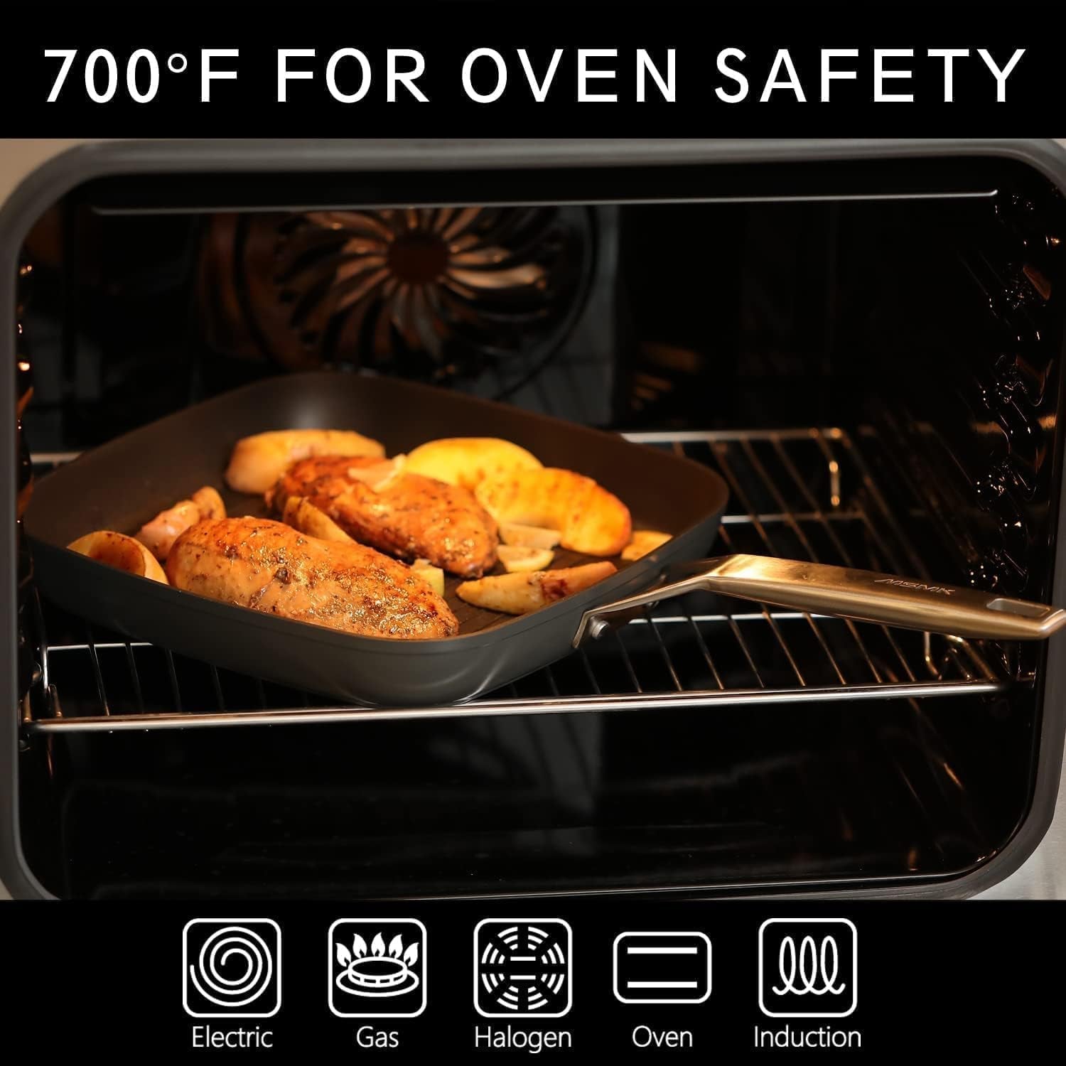 Square Grill Pan with Lid, 9.5 Inch Titanium and Ceramic Nonstick Grilling Skillet Pan，Stay-Cool Handle，Compatible with All Stovetops，Pfoa Free，Dishwasher & Oven Safe，Indoor Chicken Skille