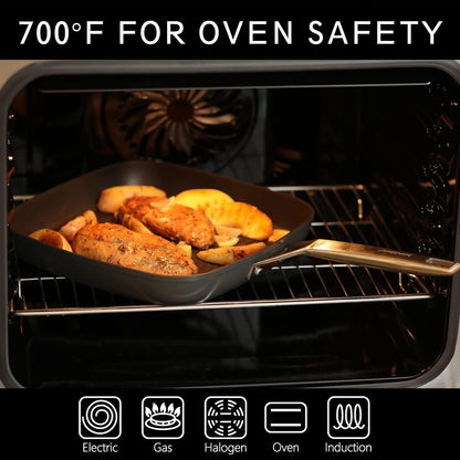 Square Grill Pan with Lid, 9.5 Inch Titanium and Ceramic Nonstick Grilling Skillet Pan，Stay-Cool Handle，Compatible with All Stovetops，Pfoa Free，Dishwasher & Oven Safe，Indoor Chicken Skille