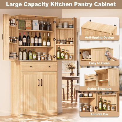 72" Tall Pantry Cabinet, Kitchen Storage Cabinet with 1 Drawer 2 Cabinets, 3 Adjustable Shelves 6 Door Shelves, Freestanding Multi Use Pantry Storage Cabinet for Kitchen Dining Room Living Room