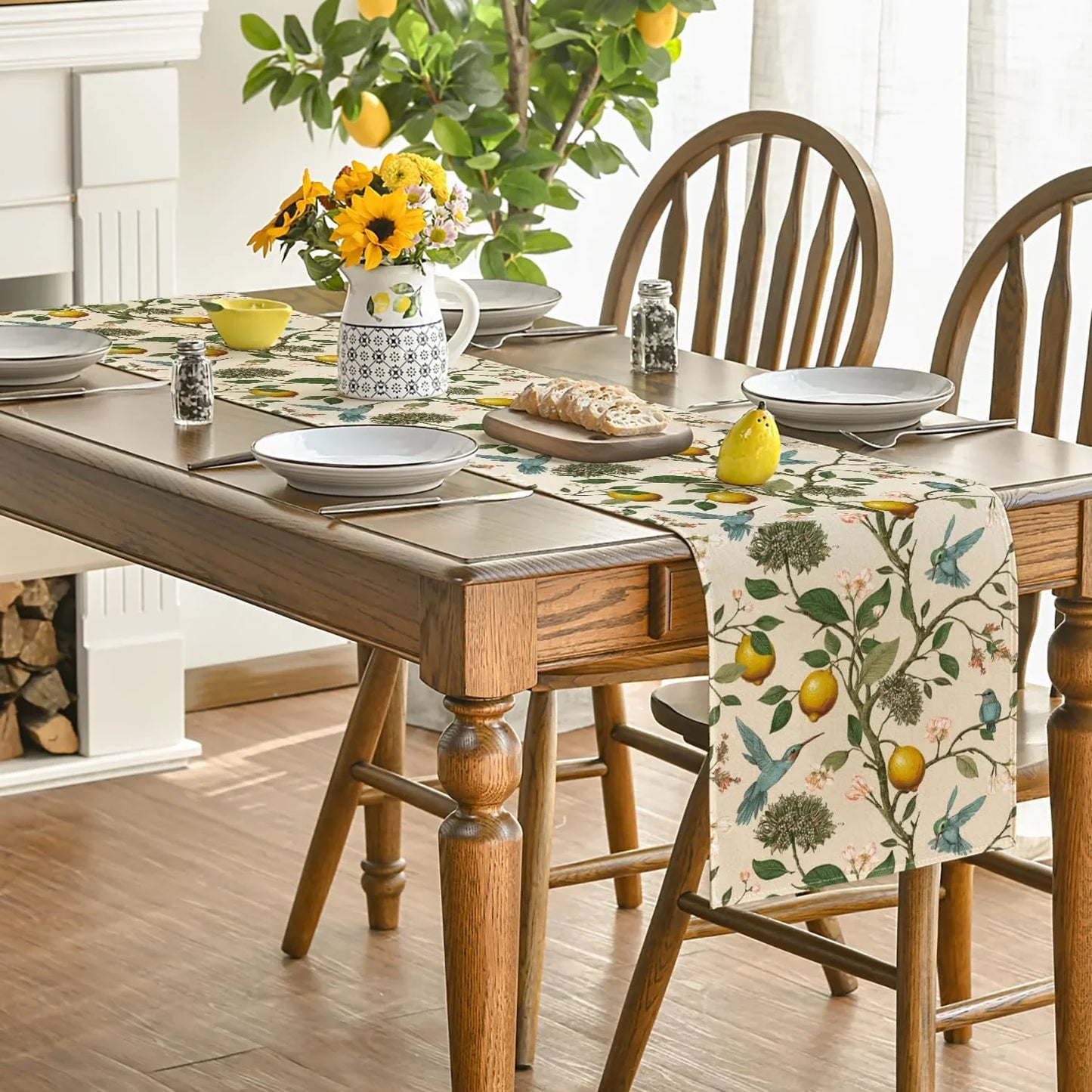 Brown Lemon Tree Bird Flower Summer Table Runner,Spring Kitchen Dining Table Decoration for Home Party Decor 13X72 Inch