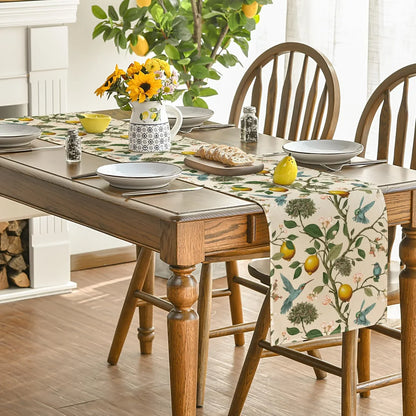 Brown Lemon Tree Bird Flower Summer Table Runner,Spring Kitchen Dining Table Decoration for Home Party Decor 13X72 Inch