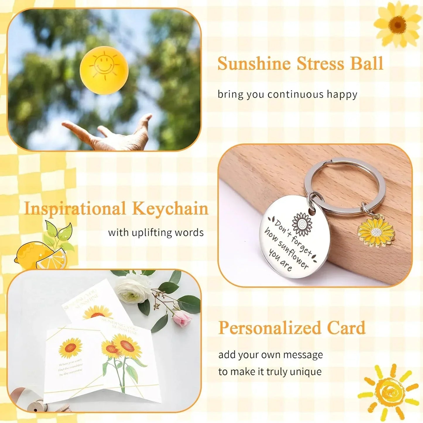 Sunshine stress ball, inspirational sunflower keychain, and personalized greeting card set