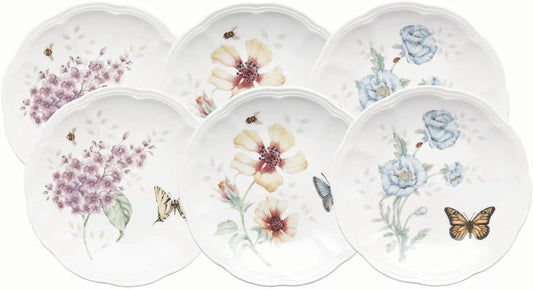 Dinnerware Set, Butterfly Meadow 6-Piece Tidbit Plate Set, Service for 6, Durable Porcelain Appetizer Plates, Dishwasher and Microwave Safe, Ceramic Plates, Salad Plate (Assorted, 6 Piece)