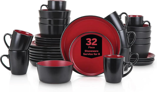 Albie Stoneware 32 Piece Modern Dinnerware Set, Plates and Bowls Sets, Service for 8, Red and Black, Microwave & Dishwasher Safe
