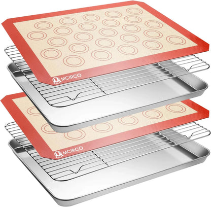 Stainless Steel Baking Sheet Tray Cooling Rack with Silicone Baking Mat Set, Cookie Pan with Cooling Rack, Set of 6 (2 Sheets + 2 Racks + 2 Mats), Size 16 X 12 X 1 Inch, Easy Clean