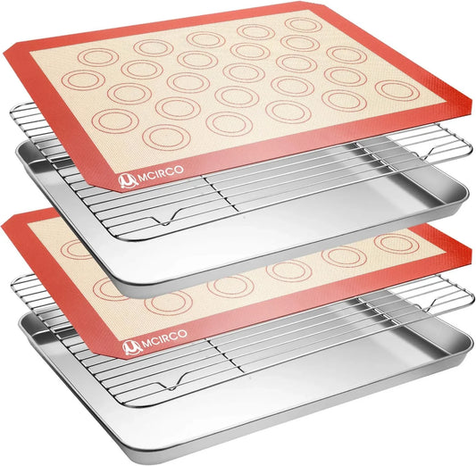 Stainless Steel Baking Sheet Tray Cooling Rack with Silicone Baking Mat Set, Cookie Pan with Cooling Rack, Set of 6 (2 Sheets + 2 Racks + 2 Mats), Size 16 X 12 X 1 Inch, Easy Clean