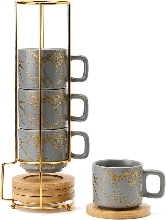 Porcelain Espresso Cup with Saucer and Metal Stand, 4 Ounce Stackable Ceramic Demitasse Espresso Mugs Cups Set for Latte, Specialty Coffee Drinks, Cafe Mocha,Tea - Set of 4, Gray