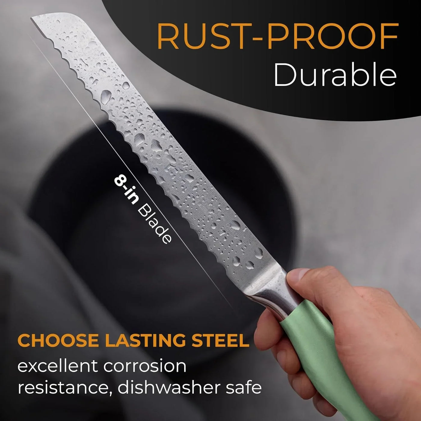Serrated Bread Knife with Upgraded Stainless Steel Razor Sharp Wavy Edge Width - Bread Cutter Ideal for Slicing Homemade Bread, Bagels, Cake (8-Inch Blade with 5-Inch Handle) Green