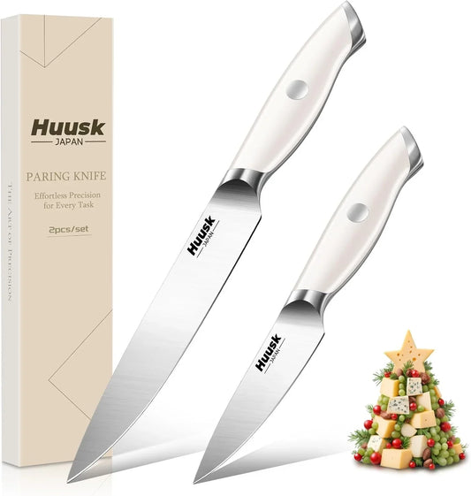 Paring Knife Set 2PCS - Razor Sharp 5" Kitchen and 3.5" Peeling Knives Well Balanced Vegetable Fruit Knife with Ergonomic White Handle Present Gift for Men Women