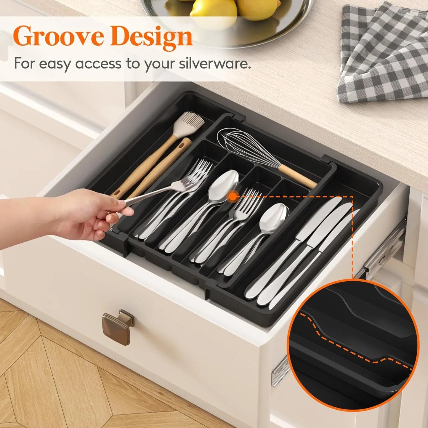 Silverware Drawer Organizer, Expandable Utensil Tray for Kitchen, BPA Free Flatware and Cutlery Holder, Adjustable Plastic Storage for Spoons Forks Knives, 8.5-14 X 12", Black