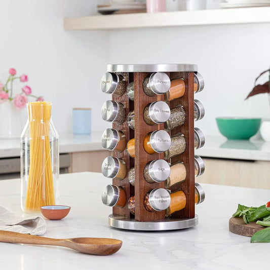 20 Jar Rotating Dark Acacia Wood Spice Rack with Spices Included & 5-Year Spice Refill Program – Rustic Wood Countertop Spice Rack with Glass Jars